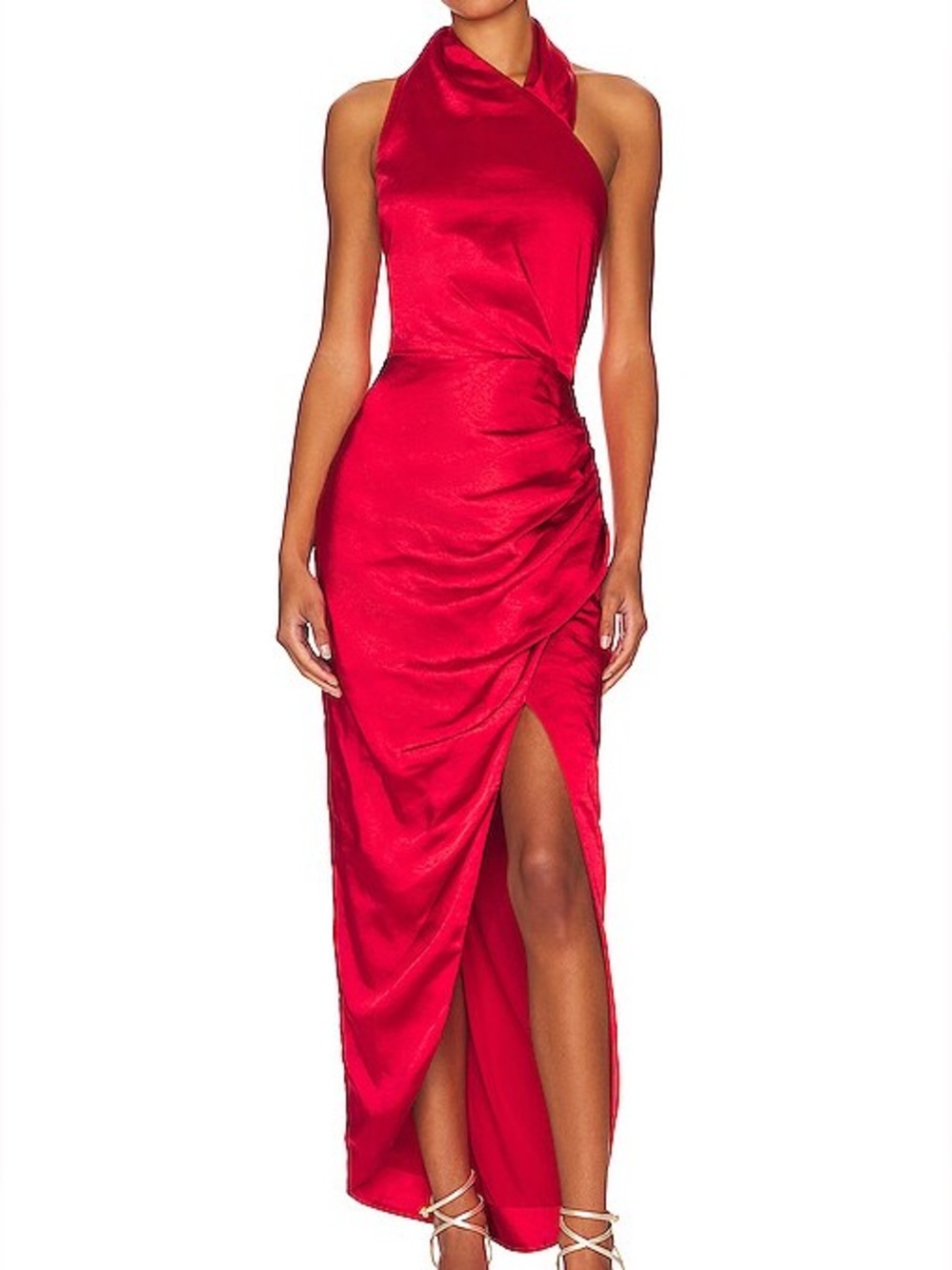 ELLIATT Noa Dress Red Satin‎ Halter Gown Ruched Side Slit Formal Wedding Guest L